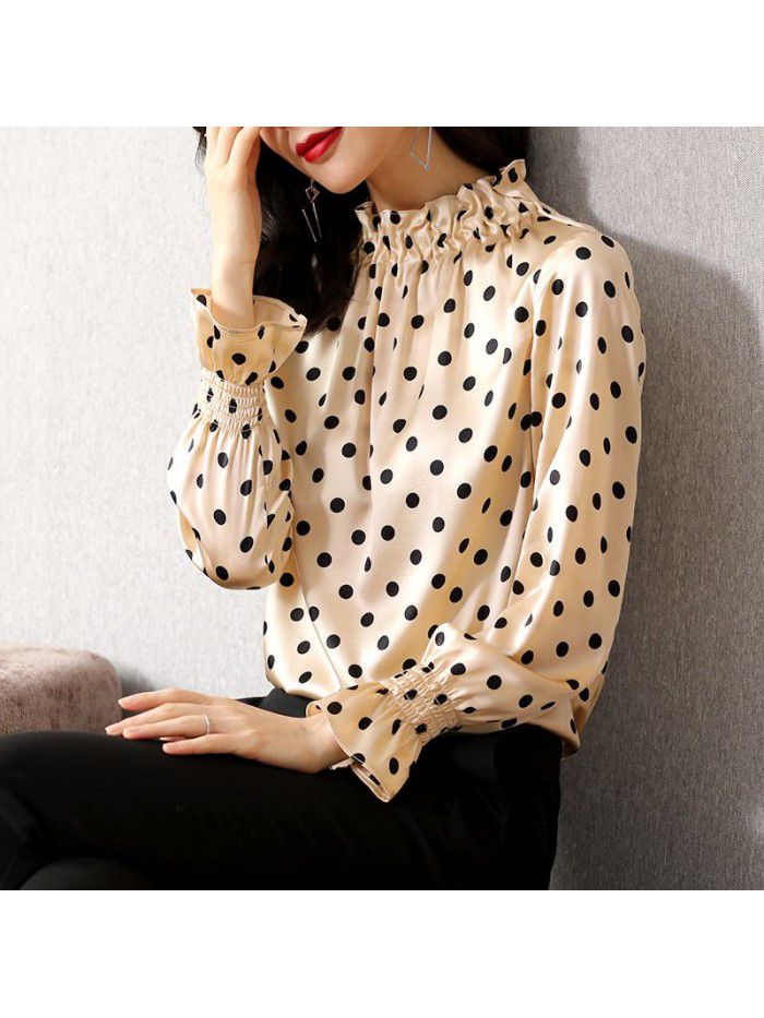 Polka dot printed satin silk shirt women's long sleeve  new spring wear lotus collar loose mulberry silk top 