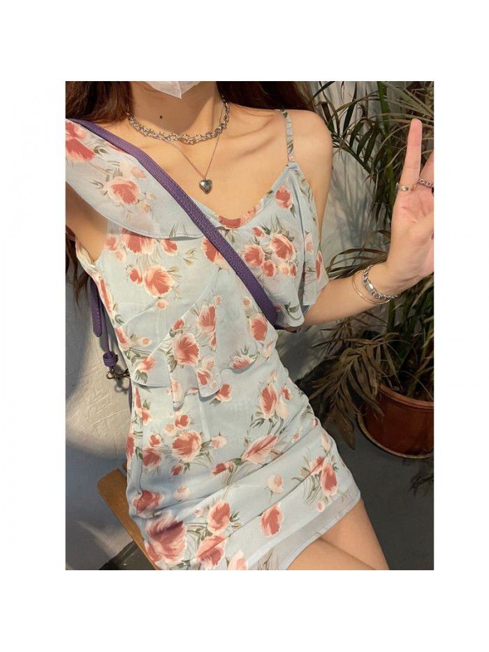 "Elderberry and tulip" long and short 2-color asymmetric small flying sleeve Floral Dress "Elderberry and tulip" long and short 2-color asymmetric small flying sleeve Floral Dress