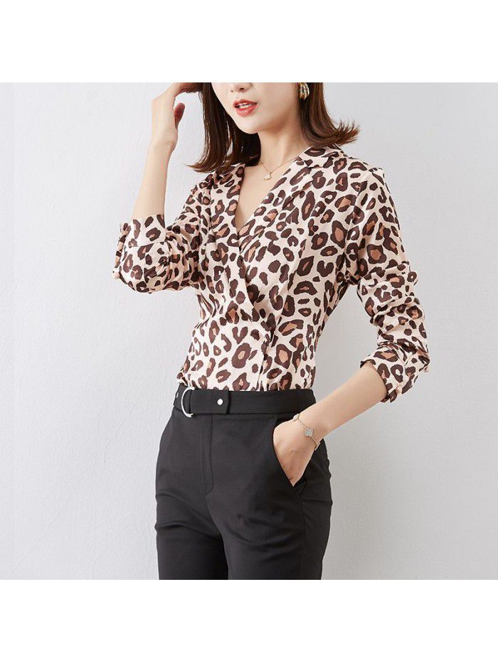 Leopard print silk shirt  spring women's new simple casual Satin shirt silk top 