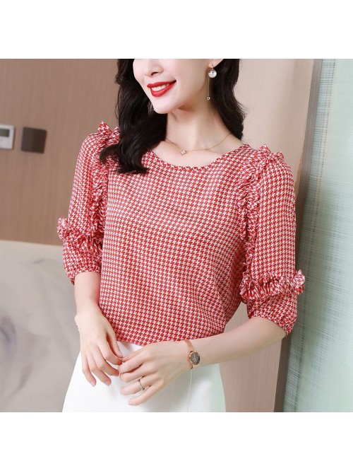 Red Plaid silk shirt women's top  summer new ...
