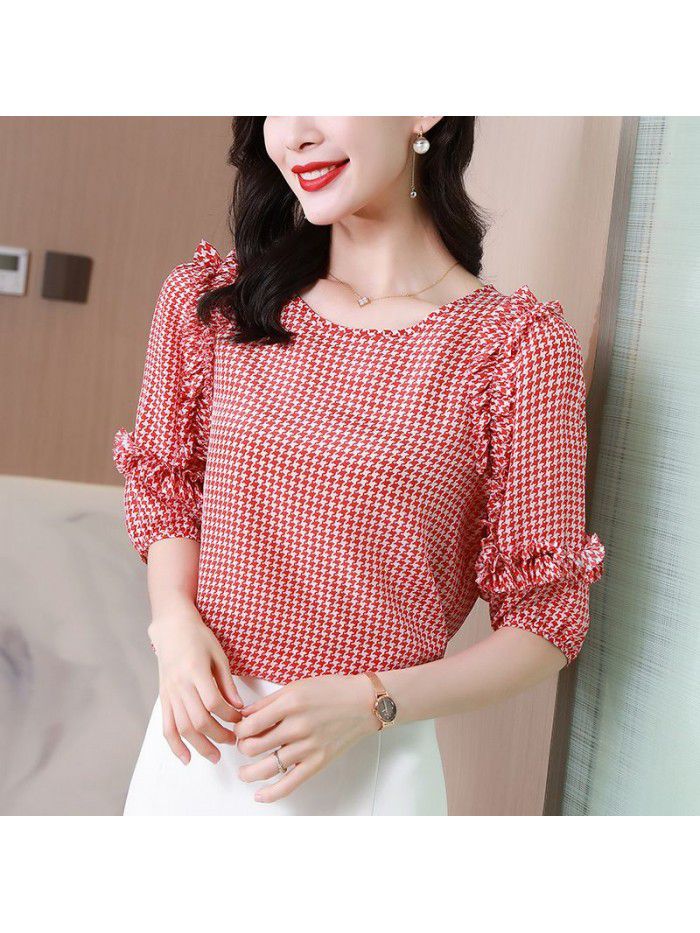 Red Plaid silk shirt women's top  summer new French Quarter Sleeve Silk Shirt women's wear 