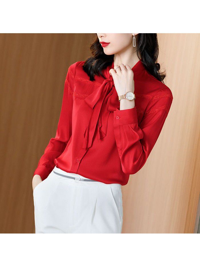 White silk shirt women's long sleeve  spring and autumn new loose solid color lace casual silk women's top 