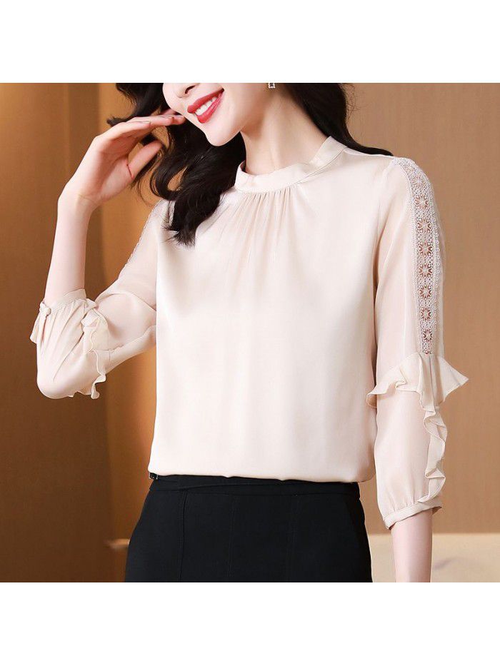 Silk shirt women's  spring and summer new lace ruffle design 