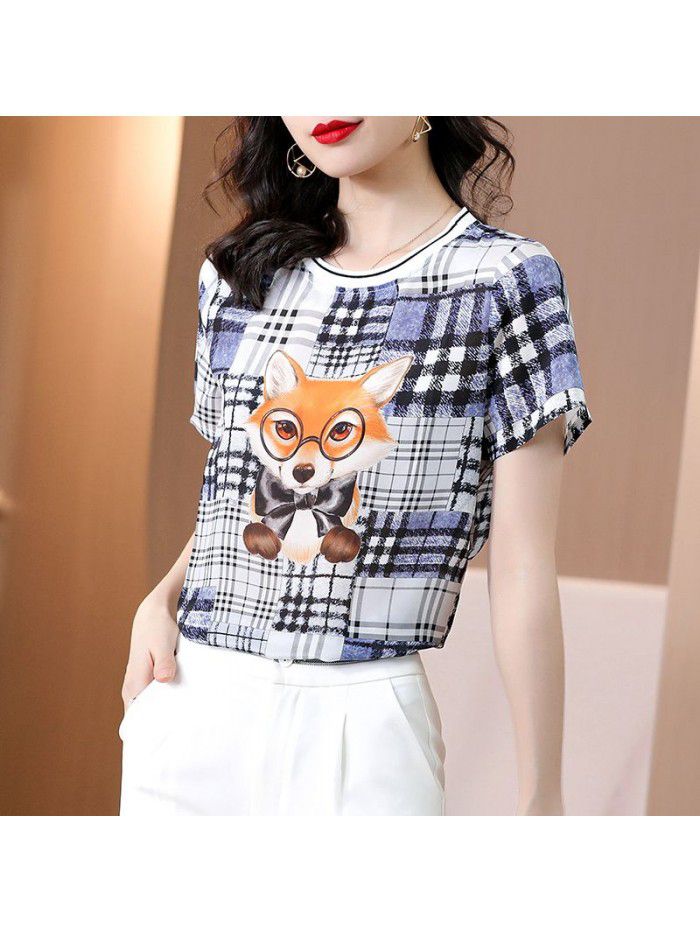Silk short sleeve T-shirt women's summer  new loose cartoon print mulberry silk harbor style Korean version top 