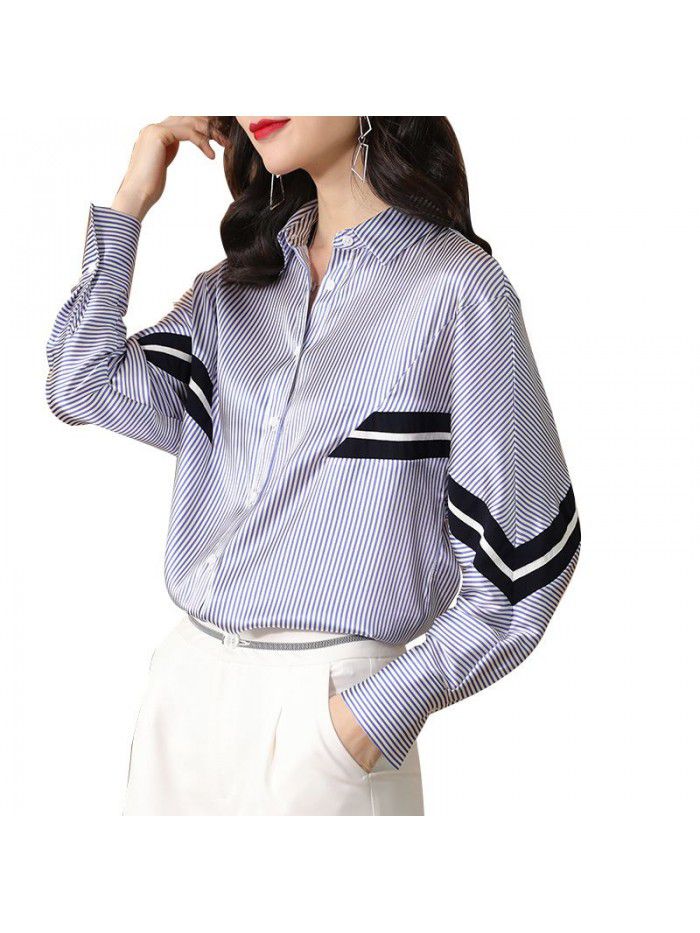 Stripe contrast shirt long sleeve  spring new loose large casual versatile Bat Sleeve Shirt Top 