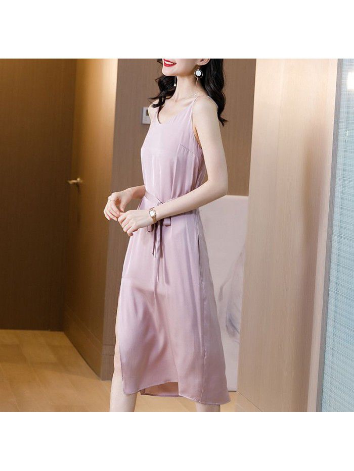 Light mature style dress summer  new style waist close show thin temperament broad lady fashion V-neck pink solid color skirt 