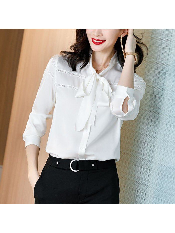 White silk shirt women's long sleeve  spring and autumn new loose solid color lace casual silk women's top 