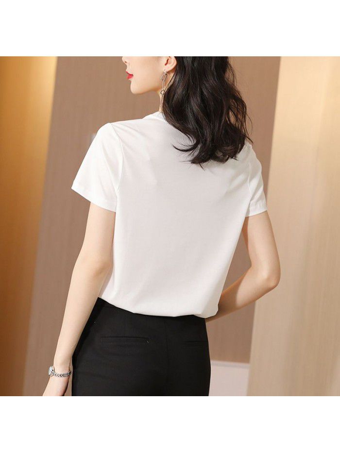 European Printed White Short Sleeve Silk T-shirt women's  summer dress new temperament round neck design silk top 