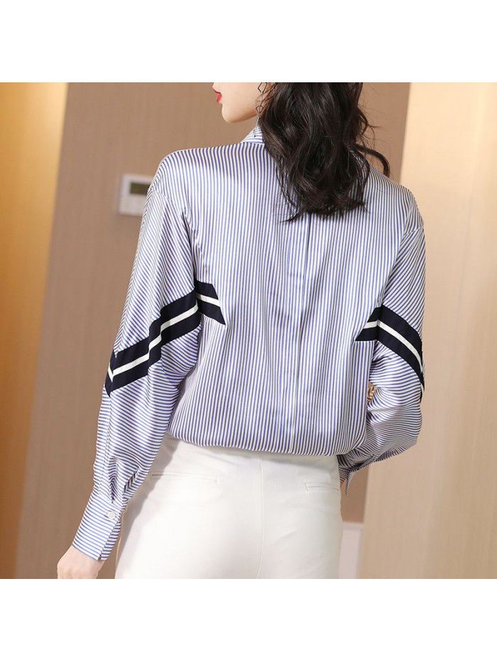 Stripe contrast shirt long sleeve  spring new loose large casual versatile Bat Sleeve Shirt Top 