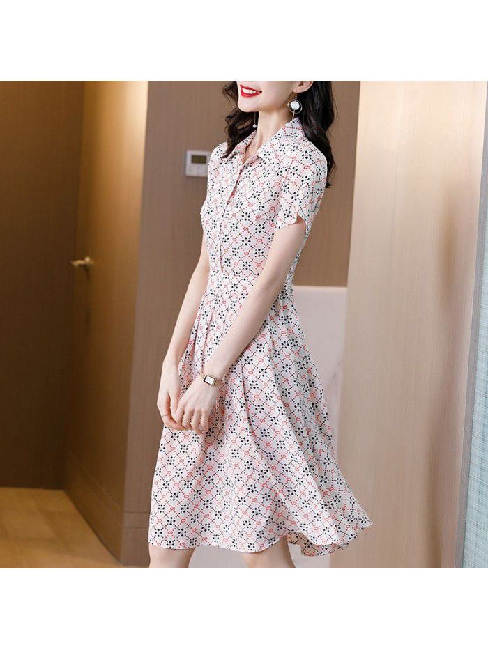 Mulberry silk skirt  spring and summer new short sleeve Lapel Plaid waist slim silk dress girl 