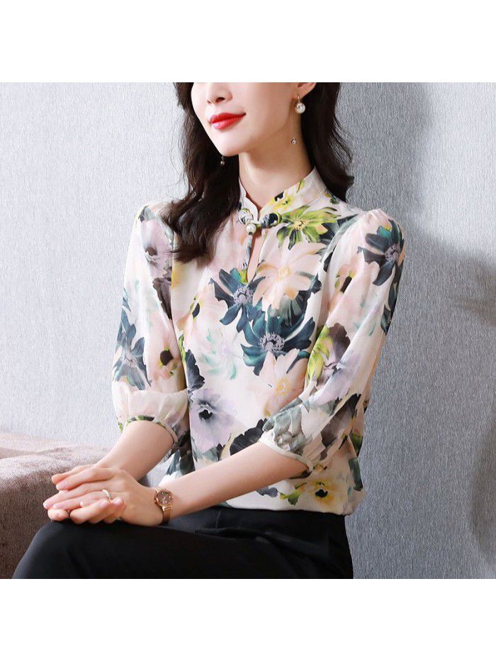 Heavyweight silk shirt mid sleeve  summer new style design sense minority temperament mulberry silk floral top 