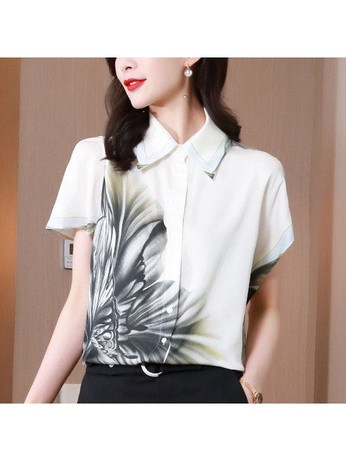 White heavyweight silk top short sleeve  summer ne...