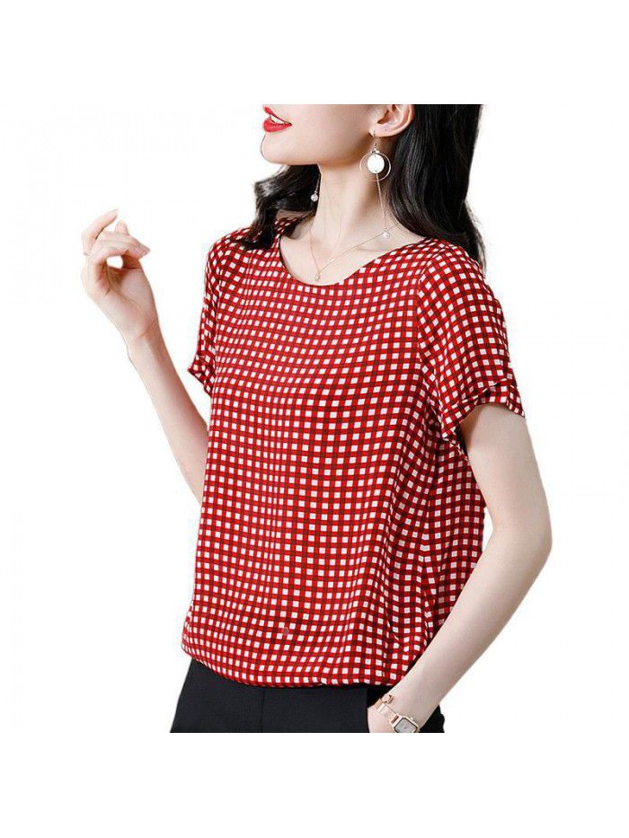 Heavy silk Plaid T-shirt women's summer  new casual silk shirt temperament slim loose top 