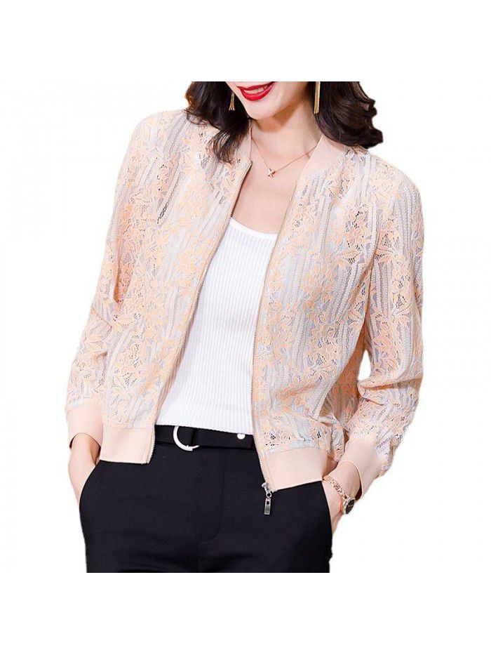 early spring new jacket stand collar long sleeve bright silk hollow lace shirt embroidery blouse cardigan Baseball Jacket 