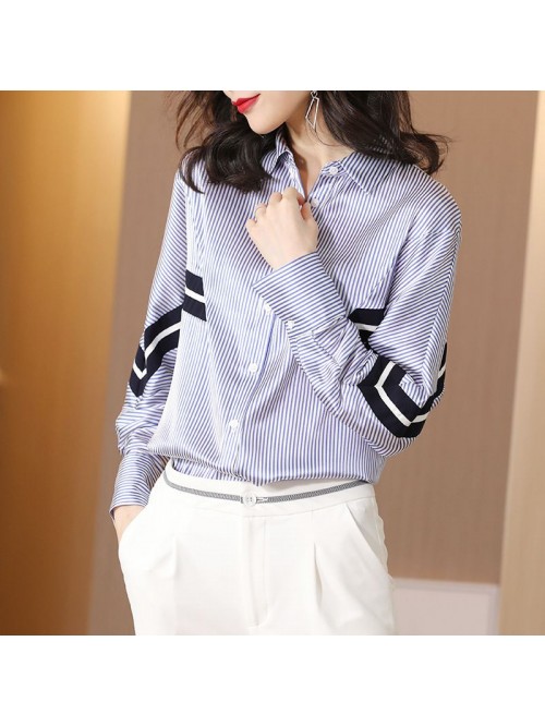 Stripe contrast shirt long sleeve  spring new loos...