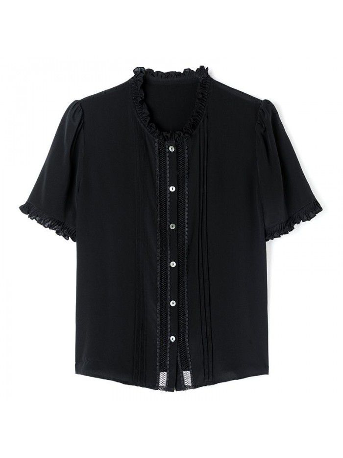 Heavyweight hollow out silk shirt women's  summer new solid color short sleeve shirt temperament half sleeve mulberry silk shirt 