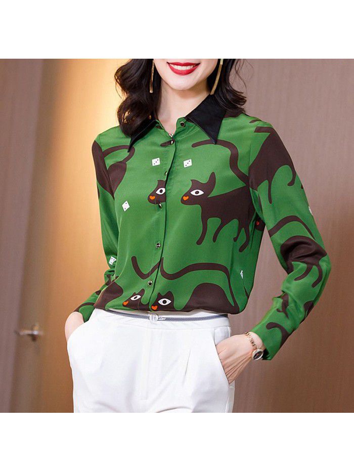 Heavyweight silk shirt women's  spring new fashion foreign style Abstract cat print versatile silk blouse women 
