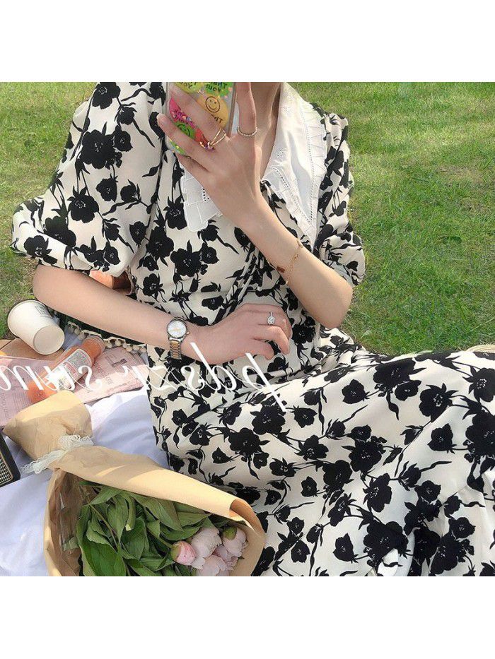 French retro floral dress women's summer temperament short waist slim long skirt A-line skirt fashion   French retro floral dress women's summer temperament short waist slim long skirt A-line skirt fashion