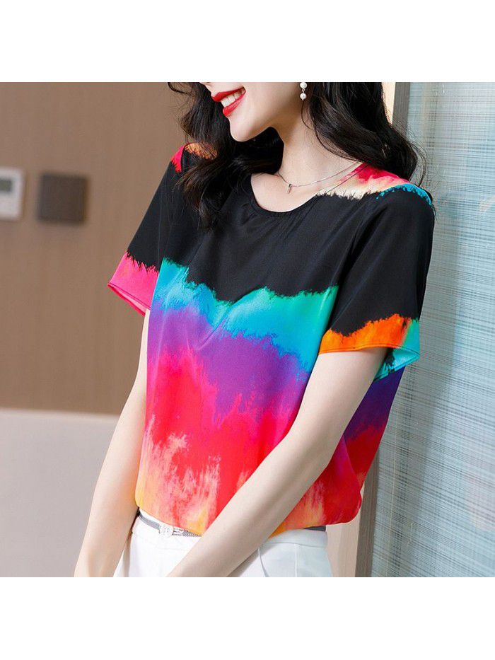 Silk graffiti T-shirt women's  summer new casual top Hong Kong Style loose short sleeve mulberry silk top 