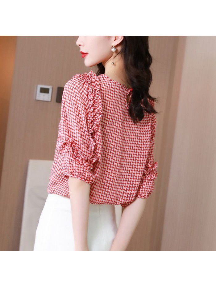 Red Plaid silk shirt women's top  summer new French Quarter Sleeve Silk Shirt women's wear 