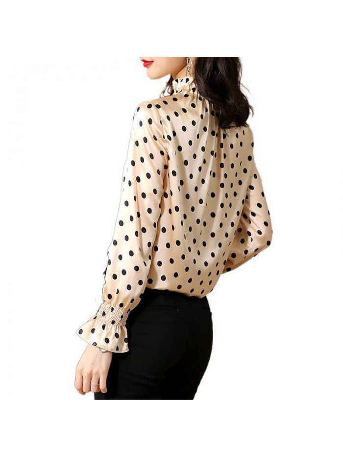 Polka dot printed satin silk shirt women's long sleeve  new spring wear lotus collar loose mulberry silk top 