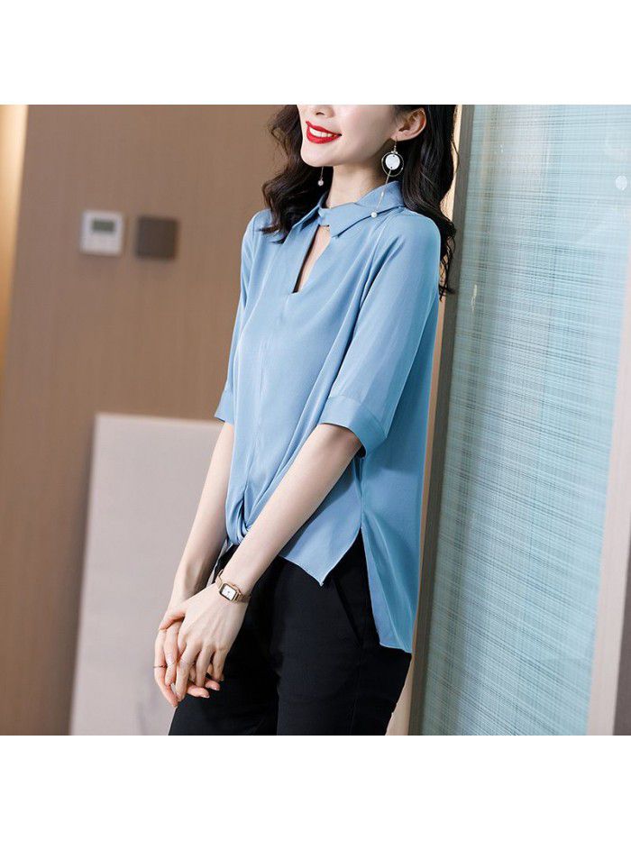 Heavyweight silk shirt women's middle sleeve design small crowd hollow collar  summer new mulberry silk half sleeve top 