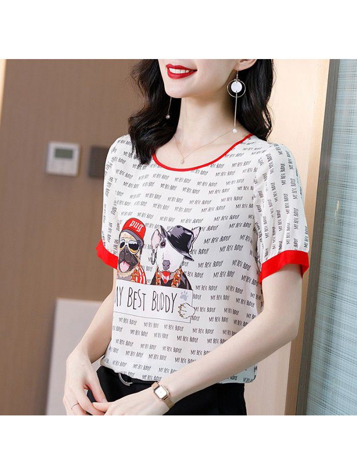 summer new Casual Short Sleeve Silk t-shirt female dog letter printed silk European T-shirt 