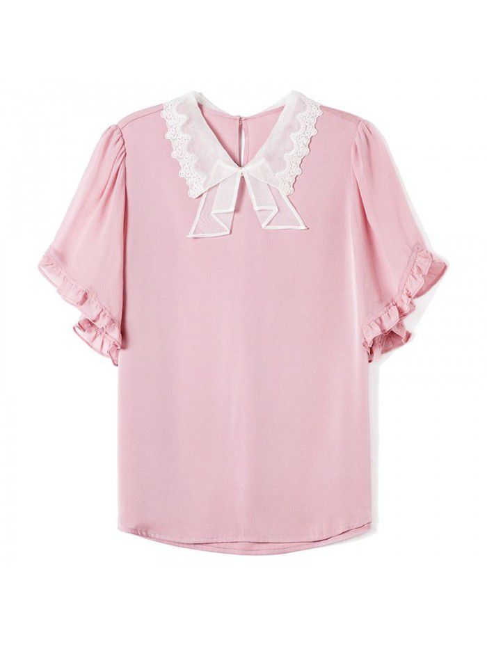 Heavy industry embroidery baby collar Short Sleeve Silk Shirt women's new slim and versatile mulberry silk top in  summer 