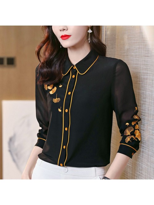 Heavy industry embroidery silk shirt women  spring...