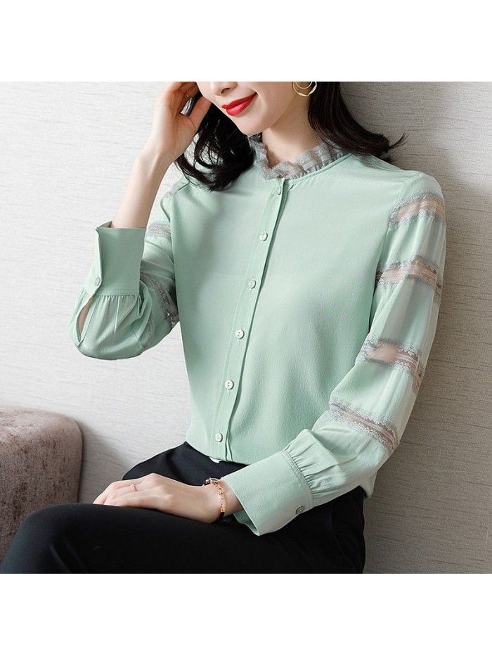 spring new style foreign style top minority lace split sleeve stand collar splicing silk shirt female mulberry silk shirt 