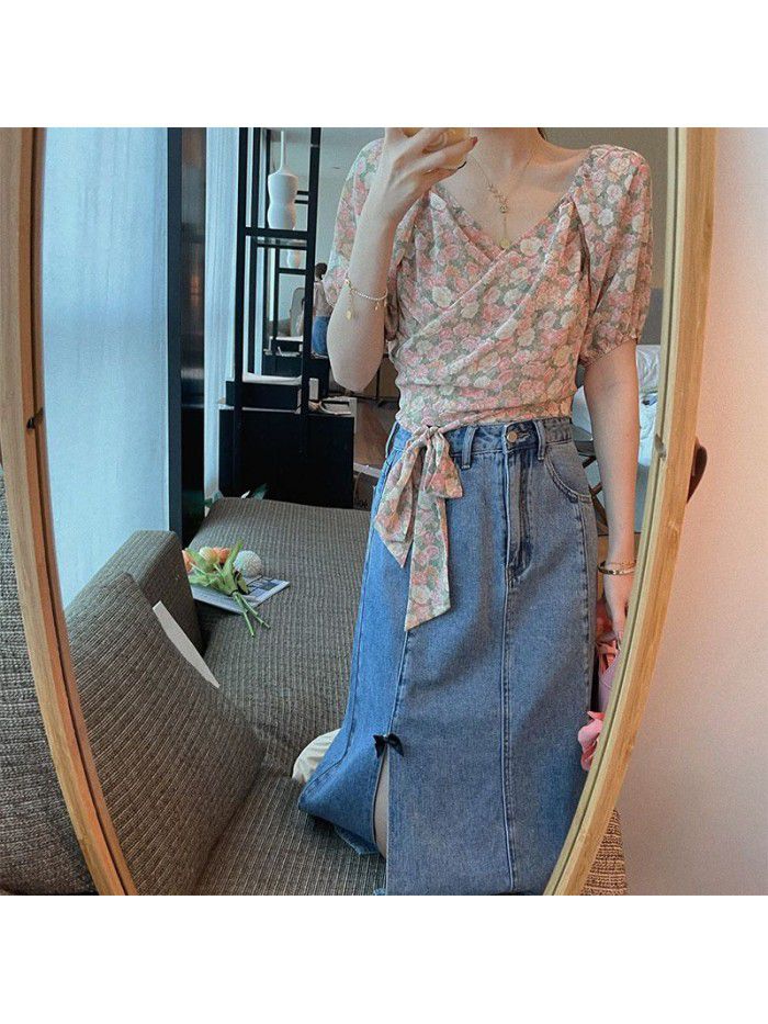 Guo Guo custom split skirt women's spring and summer  new high waist denim skirt A-line skirt bow small 