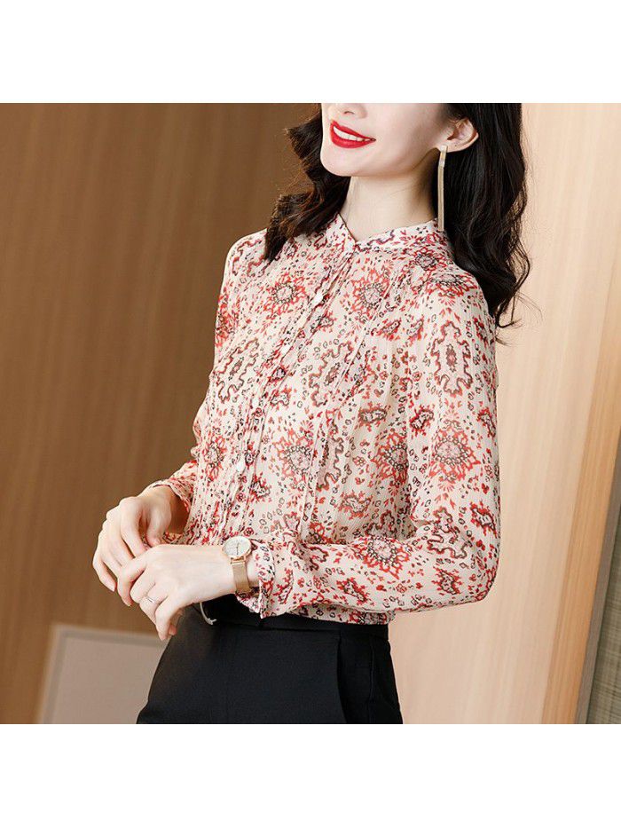 Sand washed silk printed shirt with versatile femininity and pleated design 