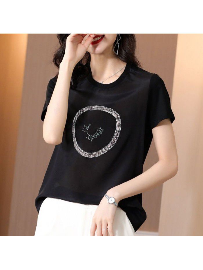 Hot drill! Silk short sleeve T-shirt women's wear  summer new Korean casual and versatile silk top women's fashion 