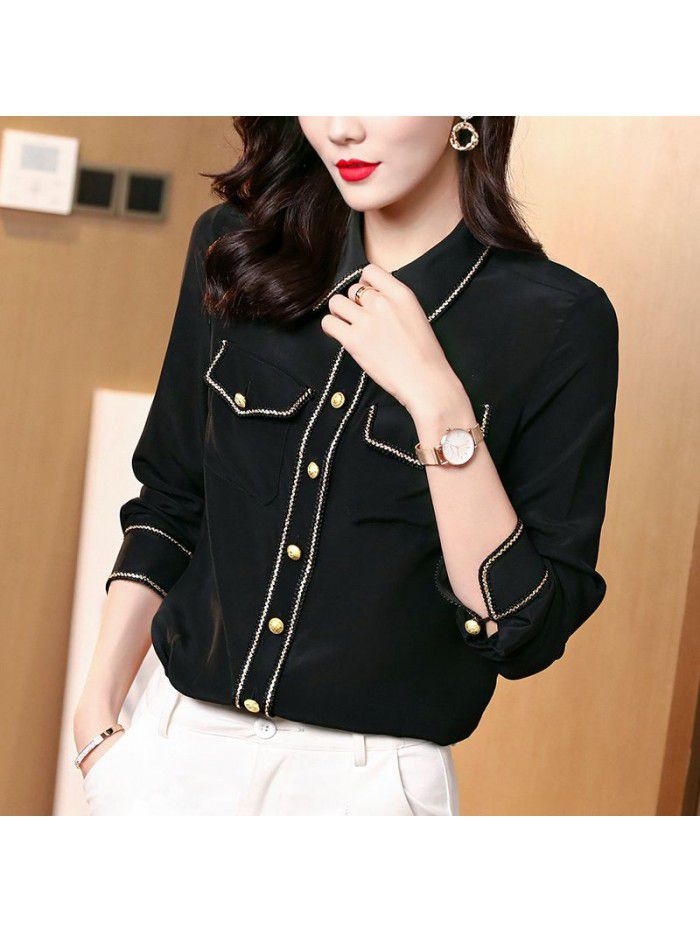 Heavyweight silk shirt long sleeve  spring New Black Slim Fit foreign style drop feeling mulberry silk top 