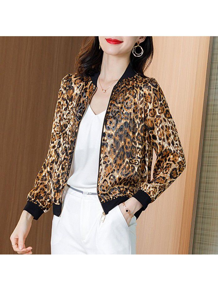 Silk long sleeve loose leopard baseball uniform women's wear 