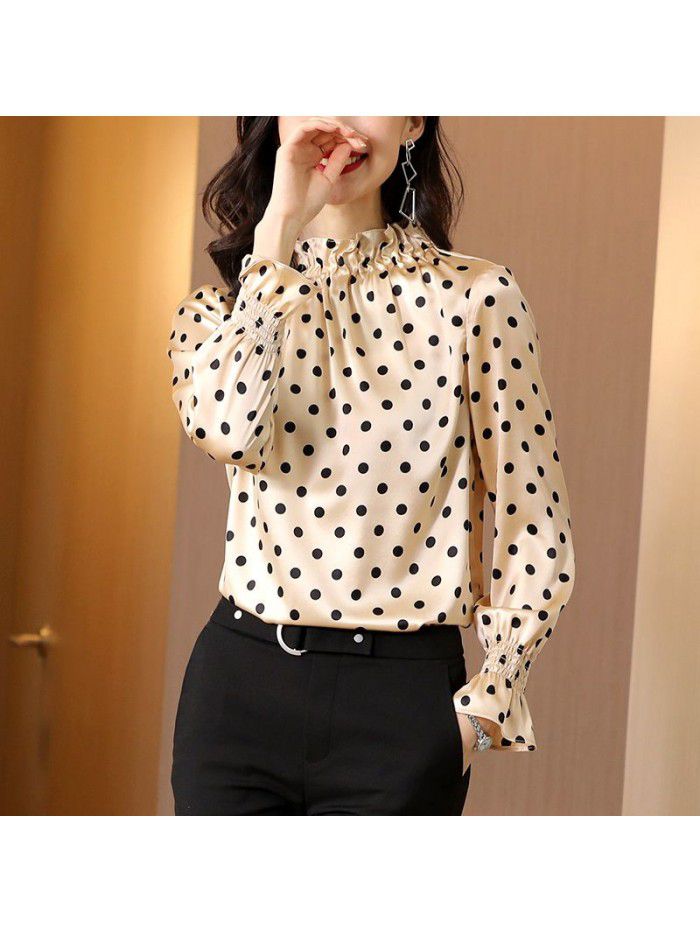 Polka dot printed satin silk shirt women's long sleeve  new spring wear lotus collar loose mulberry silk top 