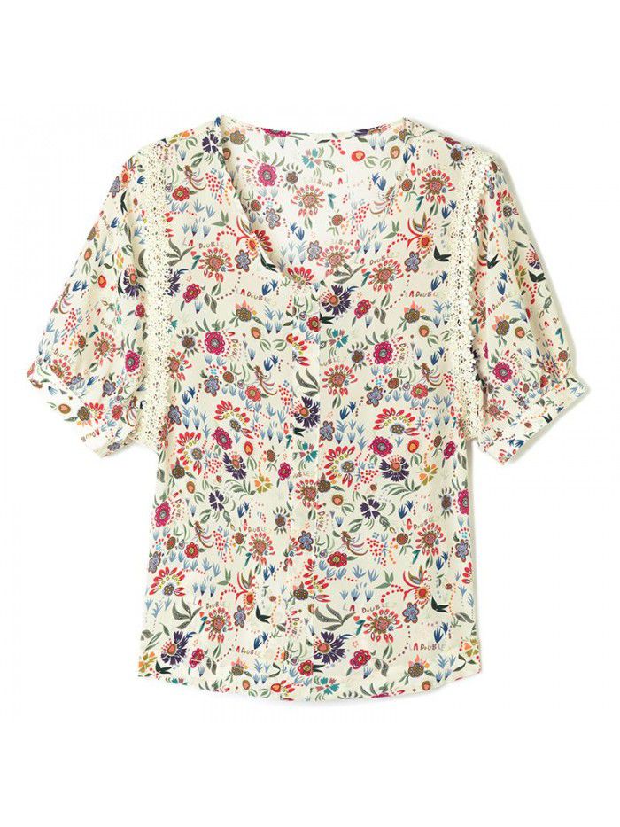 Silk shirt women's Retro French V-neck small floral shirt summer silk top short sleeve design 