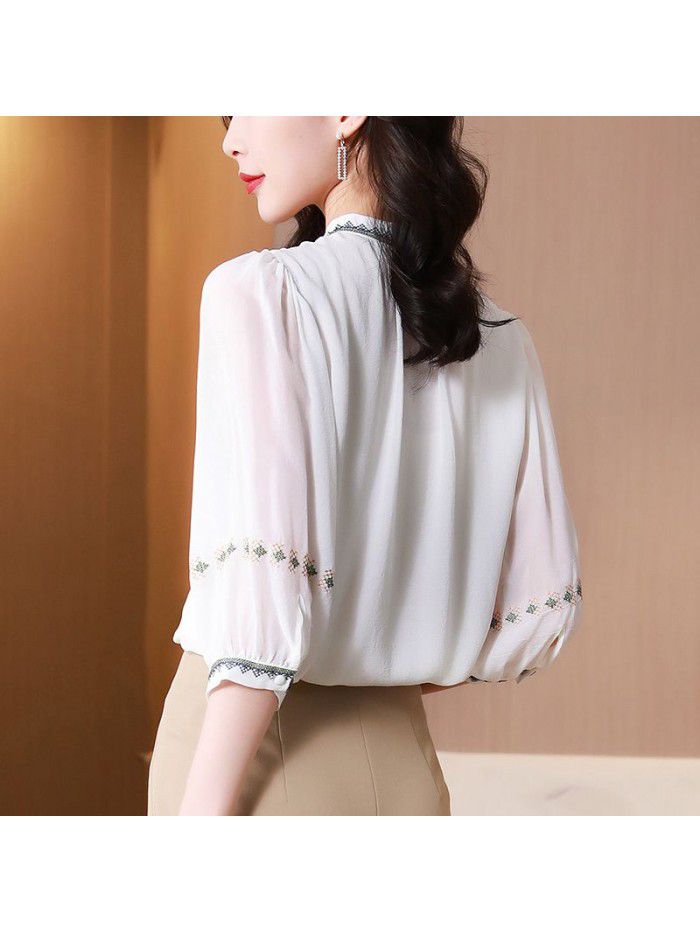 Silk shirt women's new quarter sleeve light ripe mulberry silk design top in spring  