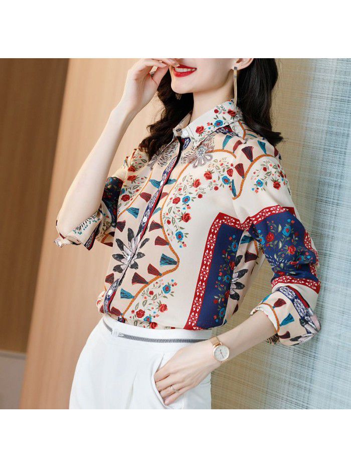Silk shirt spring dress women's  new temperament versatile Lapel retro printed long sleeve shirt silk women's dress 