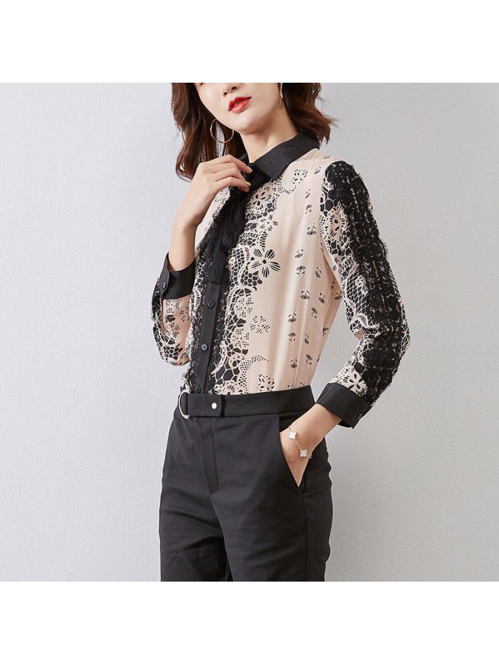 Silk shirt women's  spring new style temperament slim lace embroidery silk French blouse women's wear 
