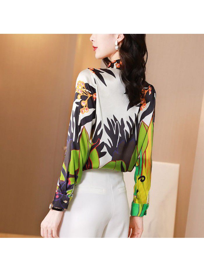 Heavyweight satin silk shirt long sleeve  spring dress new lace up temperament Lapel silk blouse 