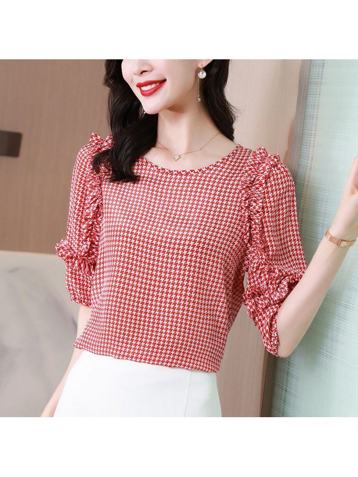 Red Plaid silk shirt women's top  summer new French Quarter Sleeve Silk Shirt women's wear 