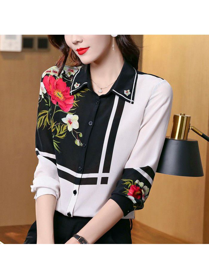 Silk shirt women's  spring and summer new foreign style mulberry silk top fashion temperament contrast shirt women's wear 