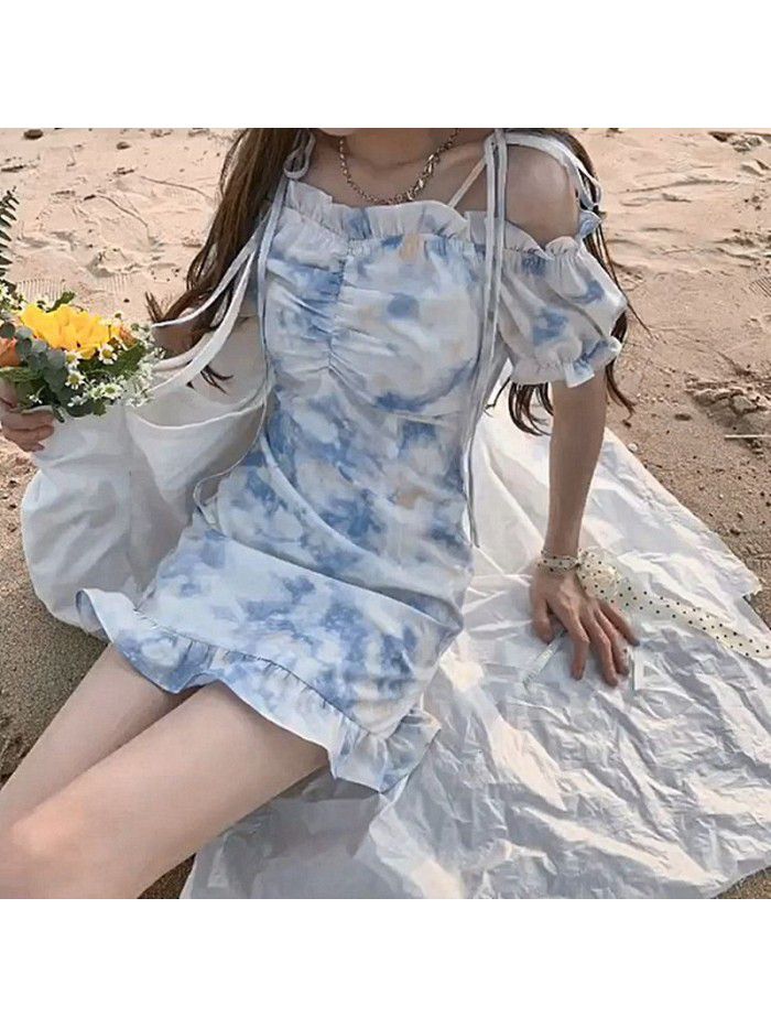 Matsumoto mourning  summer dress new women's dress pure desire holiday dress one line collar butterfly tie dyed dress 