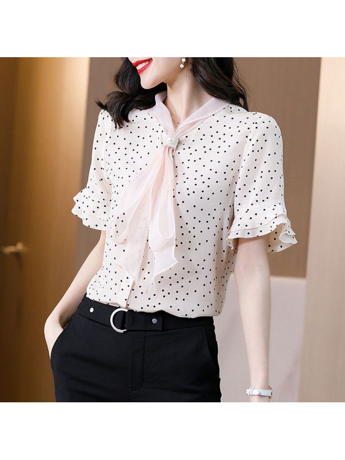 Women's design sense of silk shirt niche new wave dot short sleeve Organza collar mulberry silk top in summer  