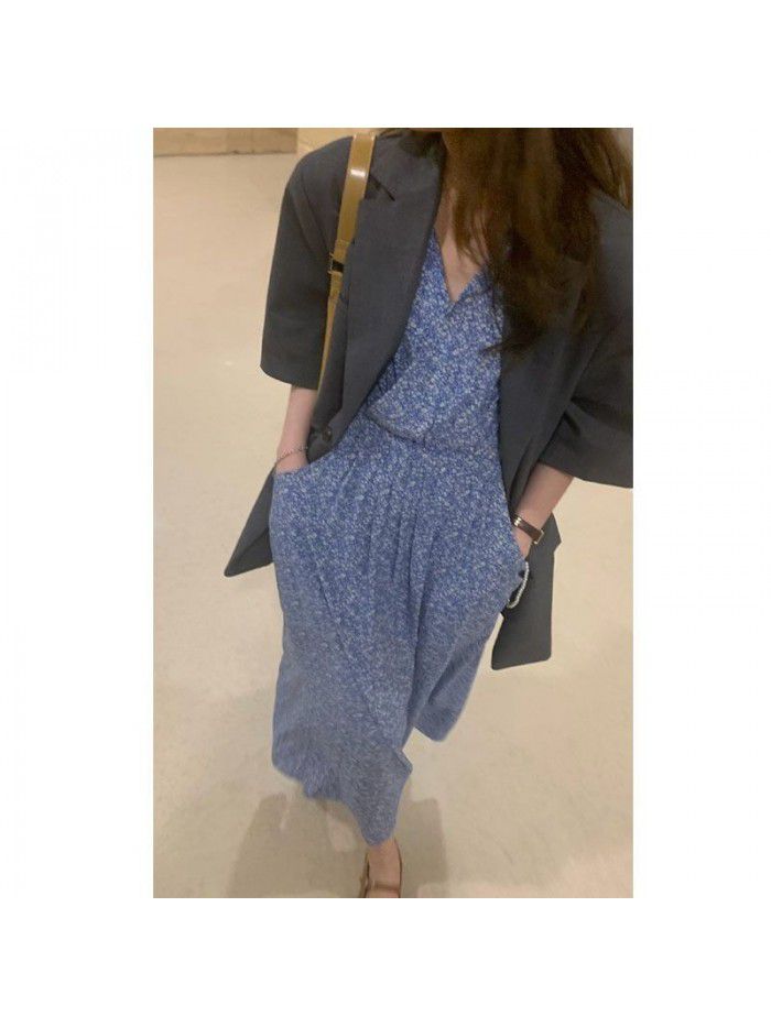 Korean Miss romantic waist V-neck Retro Blue Floral dress women's summer temperament slim dress 