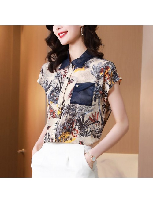 Silk shirt women's  summer new printing silk ...