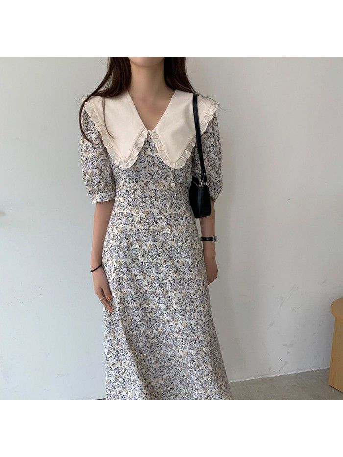 Korean romantic and gentle French honey girl's pointy collar temperament slim Floral Dress 