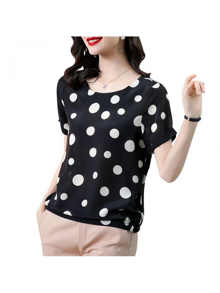 Silk short sleeve T-shirt  summer new French minority retro wave point casual versatile round neck top women's wear 