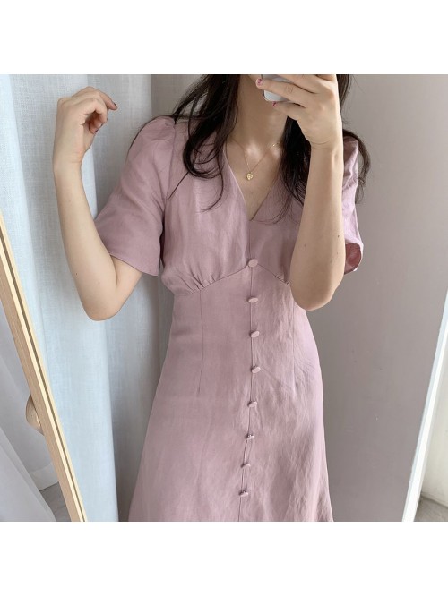 Korean V-neck Platycodon grandiflorum dress with s...